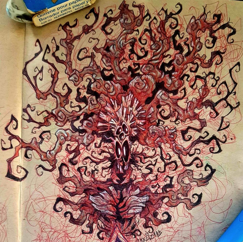 A sketchbook drawing of a tree monster with long twisted branches braching out from their head and body.