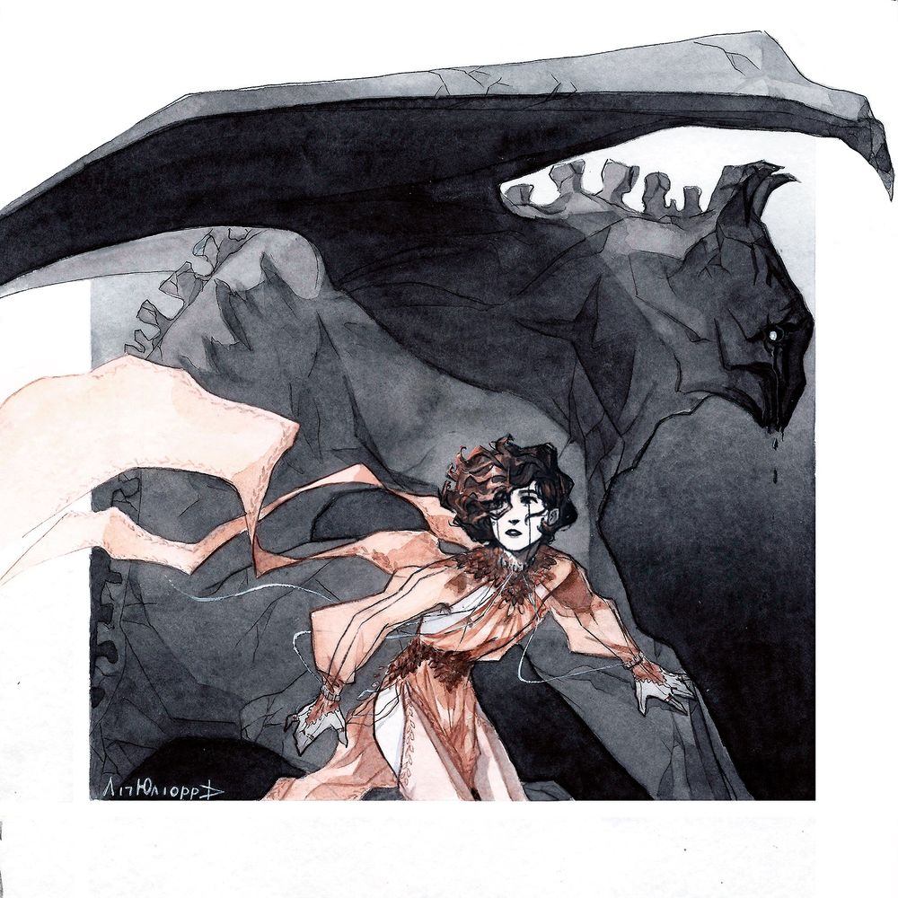 A young man in translucent silk robes is anxiously running from something, looking back, leaning slightly against a giant stone statue of a gargoyle-like creature

украрт ukrart art  draw drawing illustration watercolor