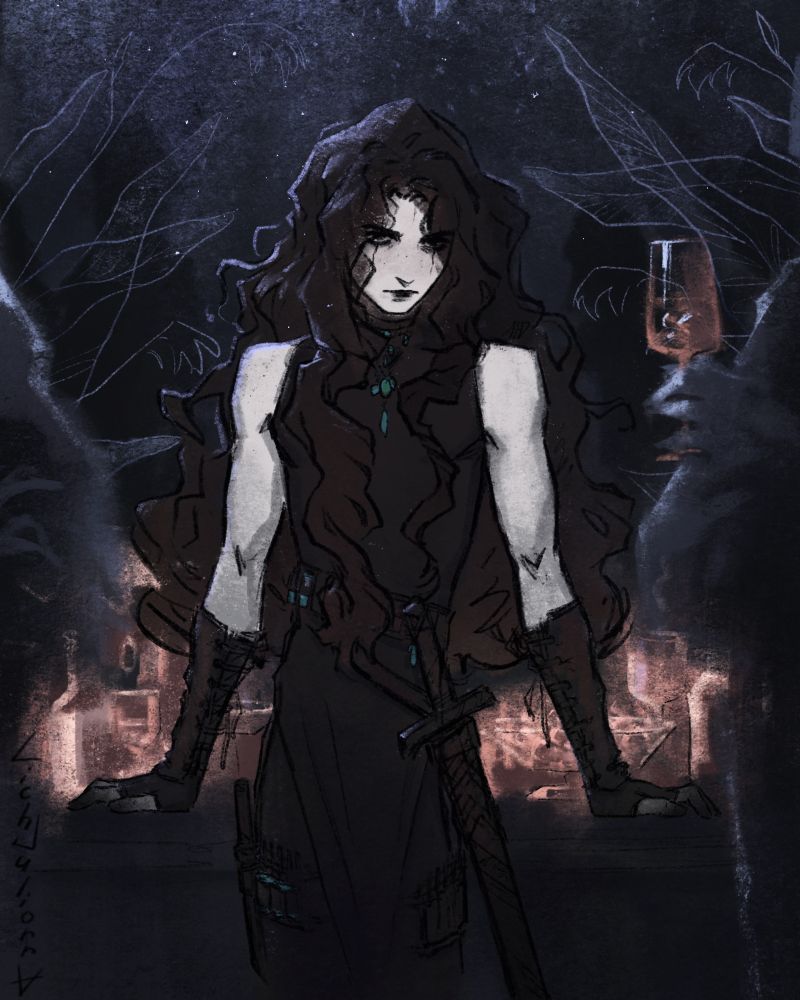 In a gloomy hall, leaning on a table covered with shining dishes that glow from the faint light falling on them, stands a young man with long curly hair, dressed in clothing equipped with weapons. Through the silhouettes of other guests, he looks with displeasure and suppressed anger at someone behind the viewer

Hashtags:  украрт art digitalart draw drawing illustration