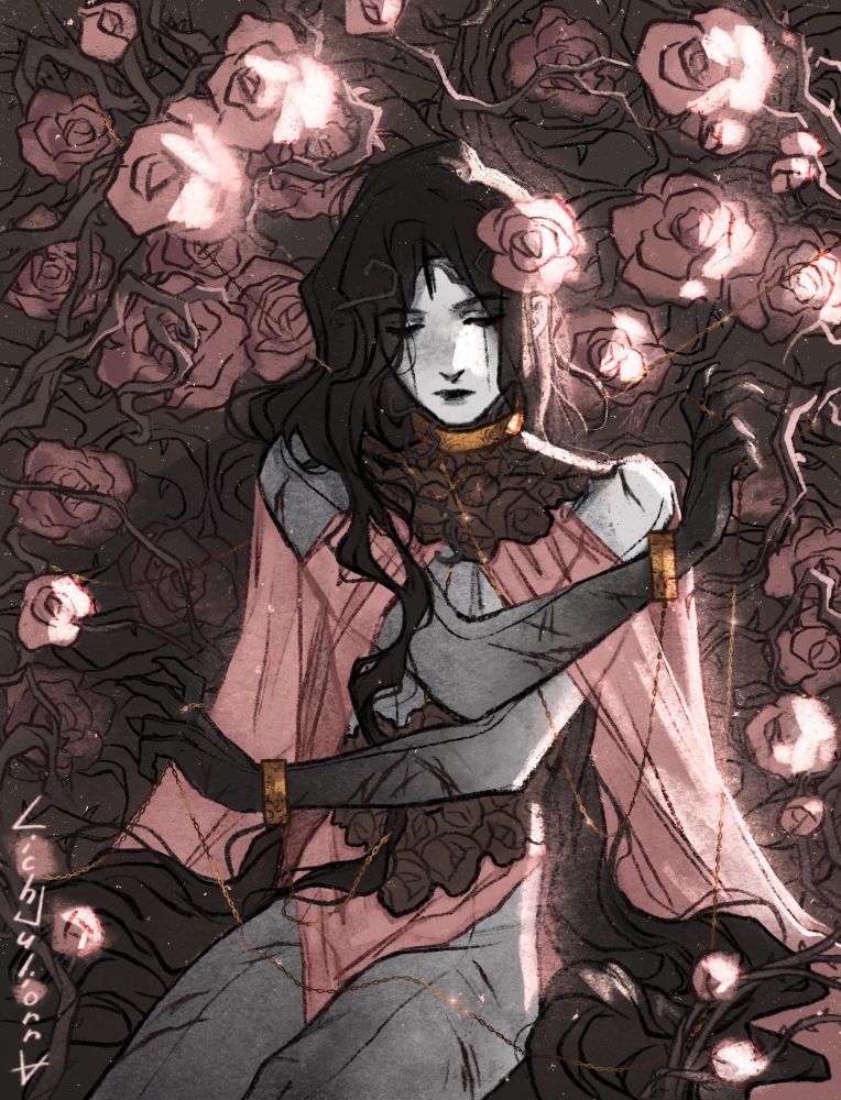 A slender young man with long dark hair, dressed in elegant yet barely covering clothing. The space around him is entwined with roses on thorny vines, which also barely wrap around him, leaving cuts on his body. On his neck and wrists, you can see finely crafted golden shackles, connected by a thin golden chain stretching in different directions from his neck. Juliorra holds the chain as if he has been trying to untangle it for some time. His face appears calm, but if you look closely, even though he hides it well, you can make out the anger within him