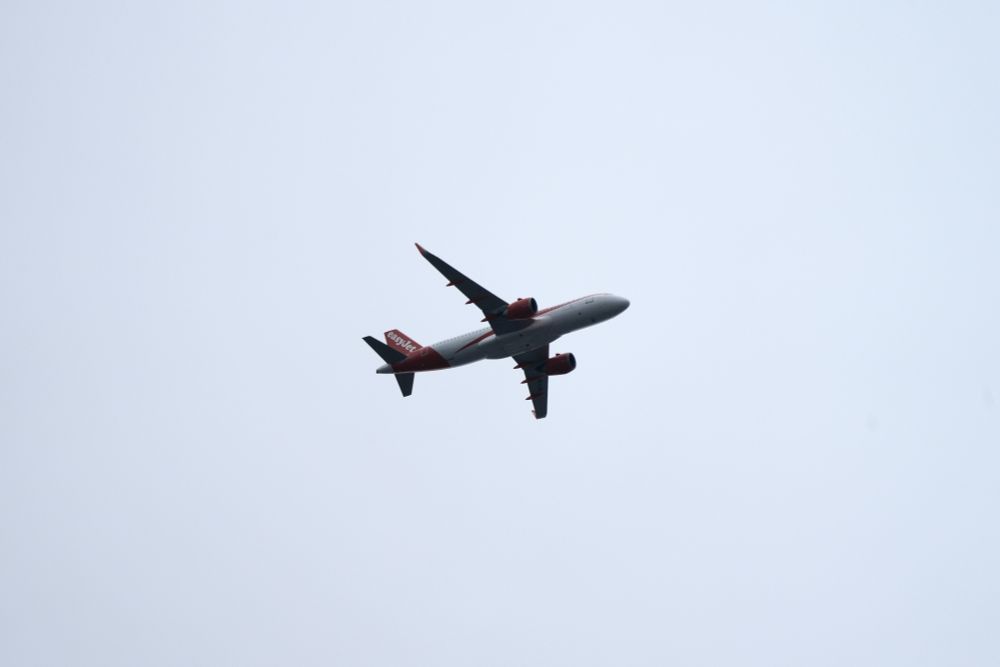 An easyJet airplane in the gray sky.