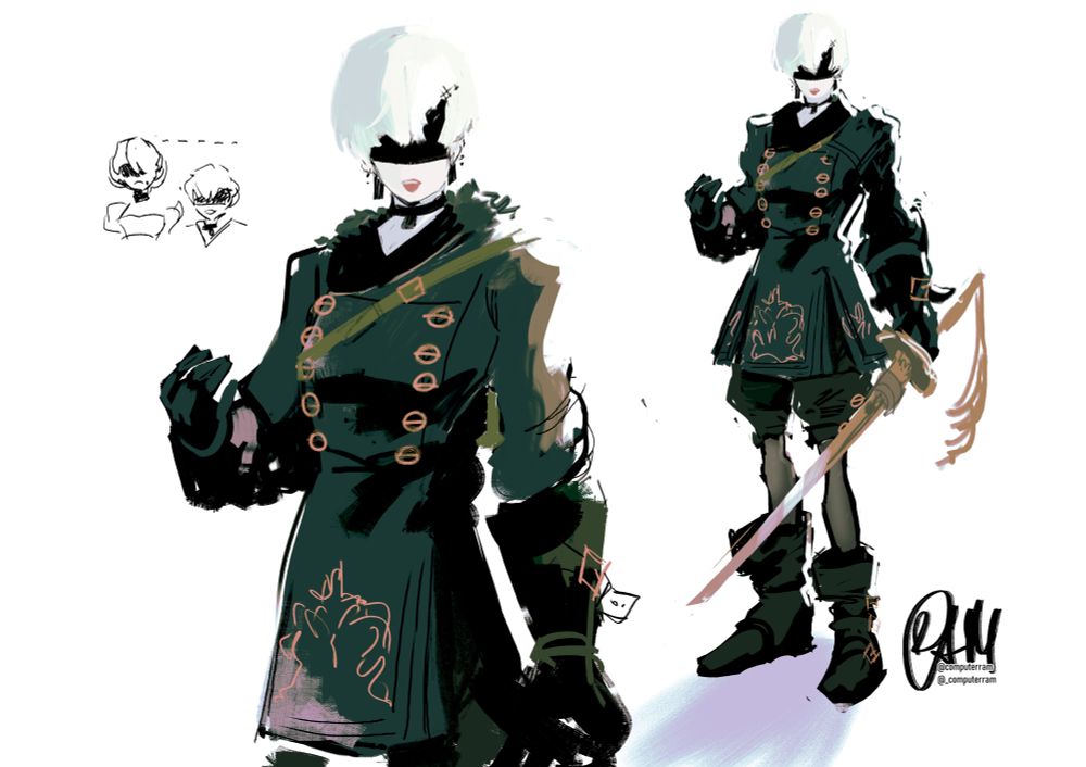 bust and portrait sketches of 9S (Nier Automata), redesgined to be as a woman, with very minor changes to the outfit. A scribble to the side shows 9S is still short compared to 2B