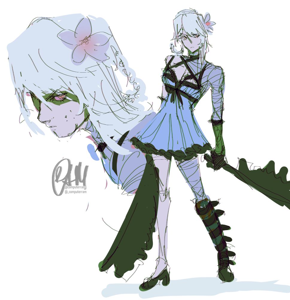 two scribbles of kaine (nier replicant) - one an intense looking bust portrait, and one a more casual full body