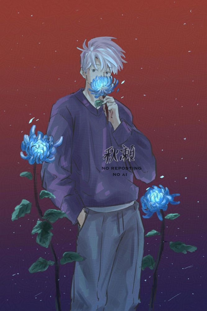 My oc holding a blue chrysanthemum and standing beside two others. Did you know this flower has a lot of symbolic meaning based on your culture.