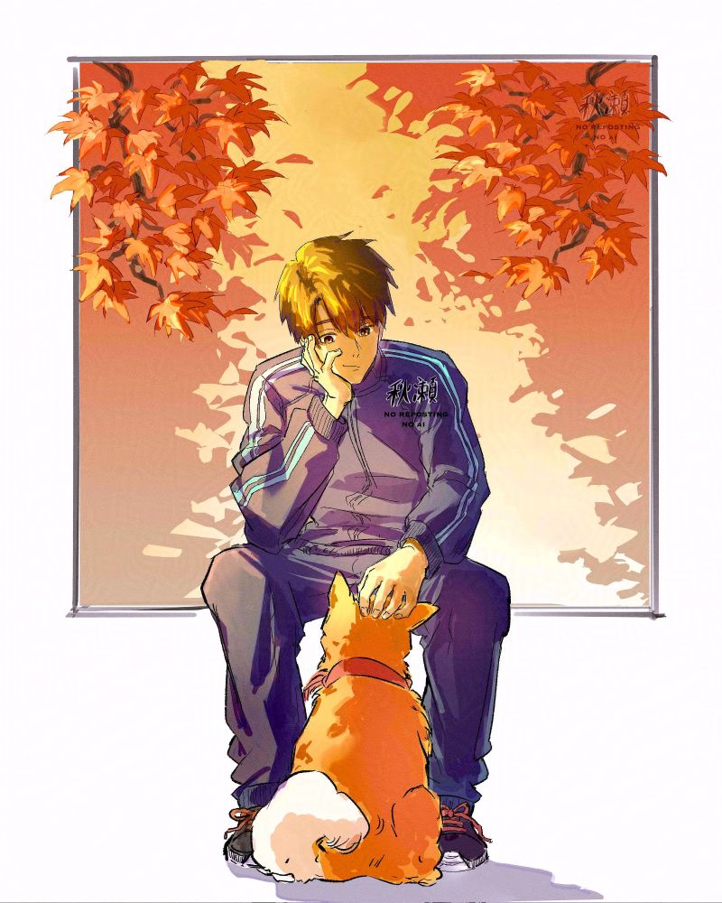 My drawing of Haiji and his Dog which has them basking in the autumn environment. They are sitting among the scarlet and golden maple leaves that represents Fall. It's a warm and cozy moment.
