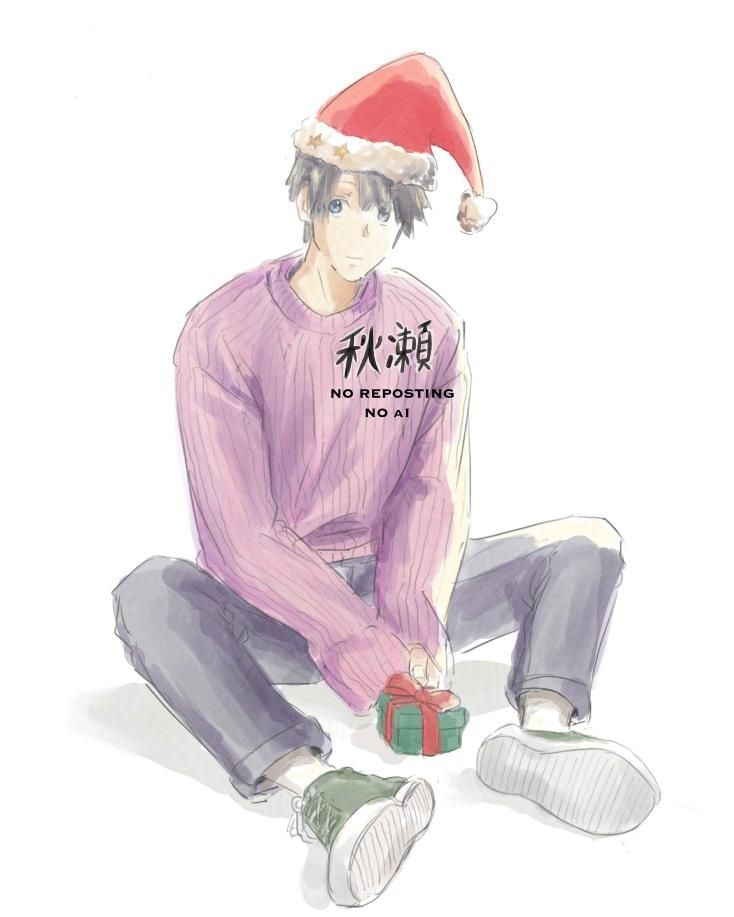 My oc sitting with a small present box wearing a purple jacket and blue jeans with green sneakers. He's also wearing a Santa hat and the mood is that of holidays and Christmas. Happy Holidays 2024. Hope everyone stays safe and happy!