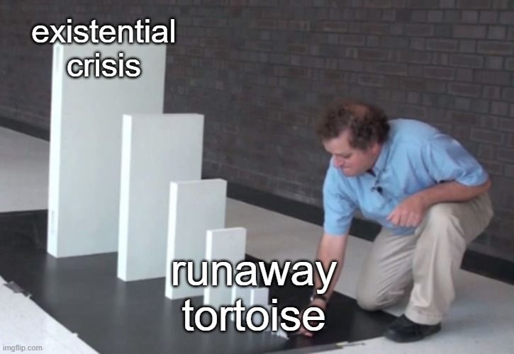 Domino meme with "runaway tortoise" on one end, and "existential crisis" on the other.