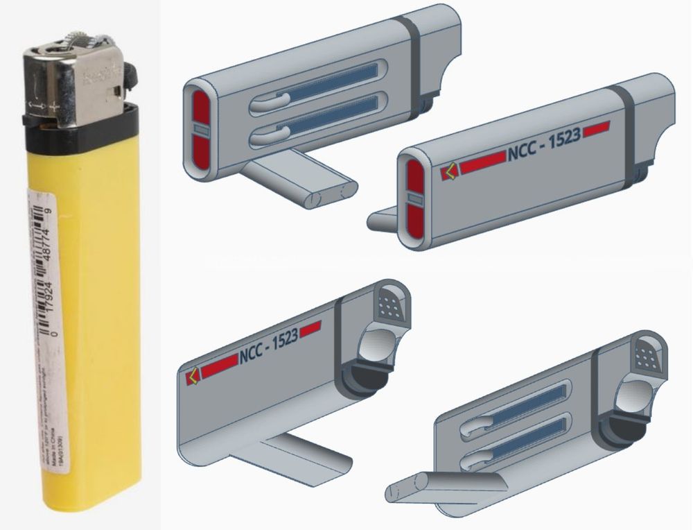 A yellow lighter on the left, with Star Trek style warp nacelles designed with the same overall shape as the lighter on the right. The style & livery of the nacelles is in the style of the TOS era. 