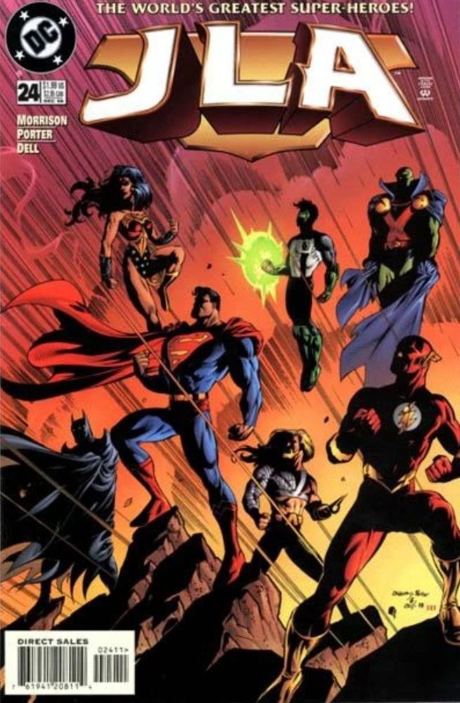 Cover of JLA #24. An image of the Justice league posing at sunset. JLA lineup in this image: Superman, Batman, Wonder Woman, Aquaman (long hair and hook hand version), The Flash, Martian Manhunter, Green Lantern (Kyle Rayner). Art by Howard Porter. 
