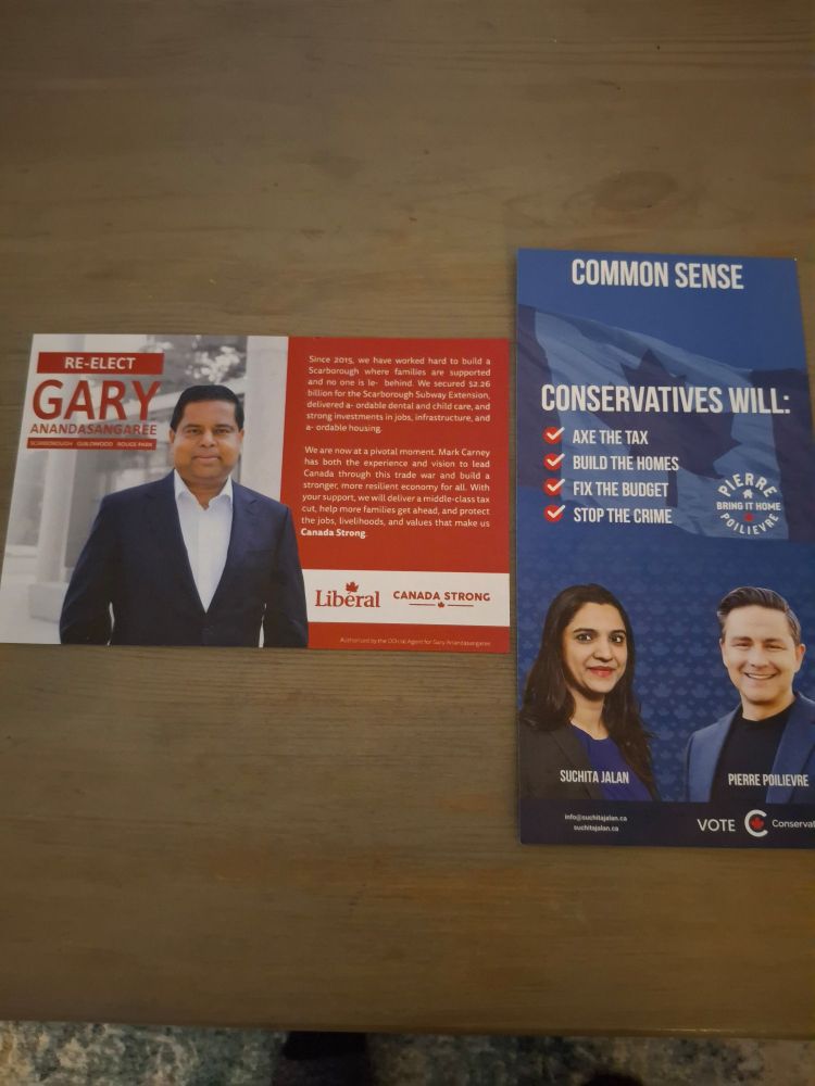 Both of these were in our mailbox. The current Liberal MP only has his photo on the card. The Conservative candidate has Pierre Poilievre's face on hers. The Conservatives are not dedicated to Canadians or their party. They are dedicated to Pierre Poilievre. She will never ever ever get our vote. 
