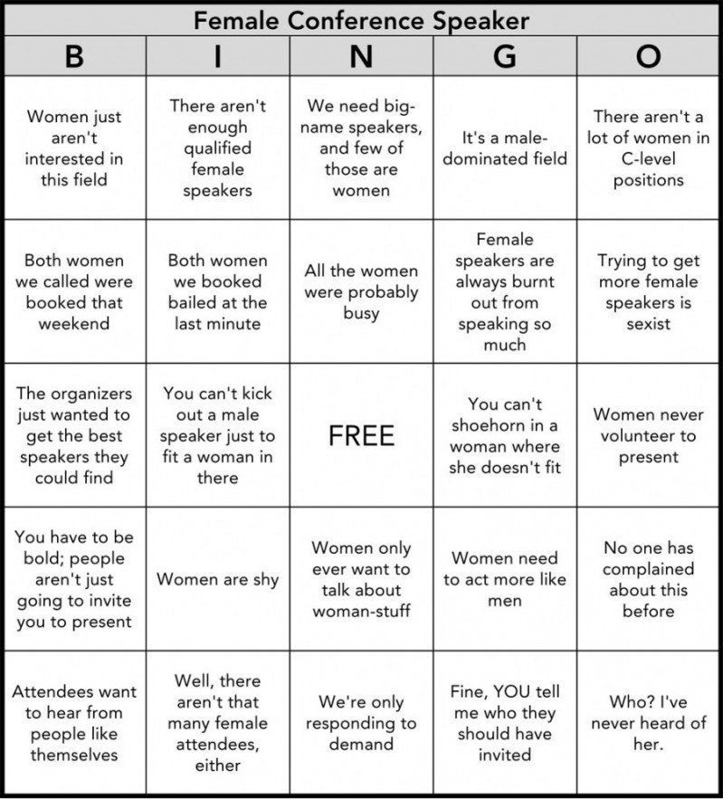 Mock Bingo card with options such as Women just aren't interested in this field, There aren’t enough qualified female speakers, You can’t kick out a male speaker just to fit a woman in there, Women need to act more like men, Well, there aren't many female attendees either, and All the women were probably busy.