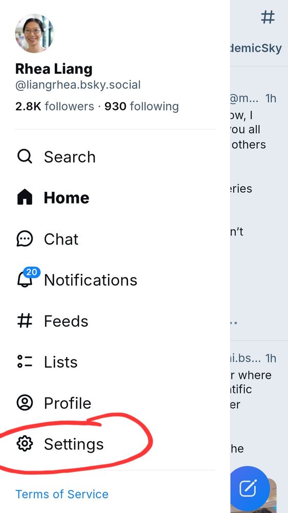 Image of account screen with 'settings' circled