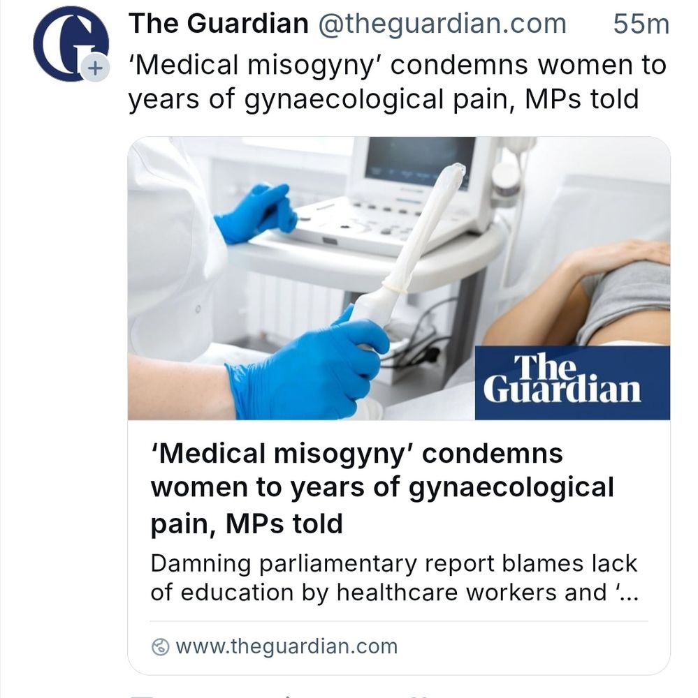 Screenshot of Guardian article titled 'Medical misogyny condemns women to years of gynaecological pain, MPs told'