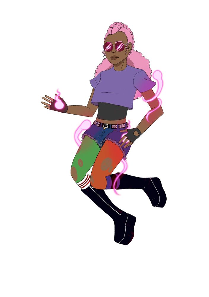 A Black woman floating on a transparent background. She is wearing mismatched punk clothes and has pastel pink hair pulled back in a faux hawk braid. She also wears reddish sunglasses over white eyes. There are several white blobs that glow pink around her.
