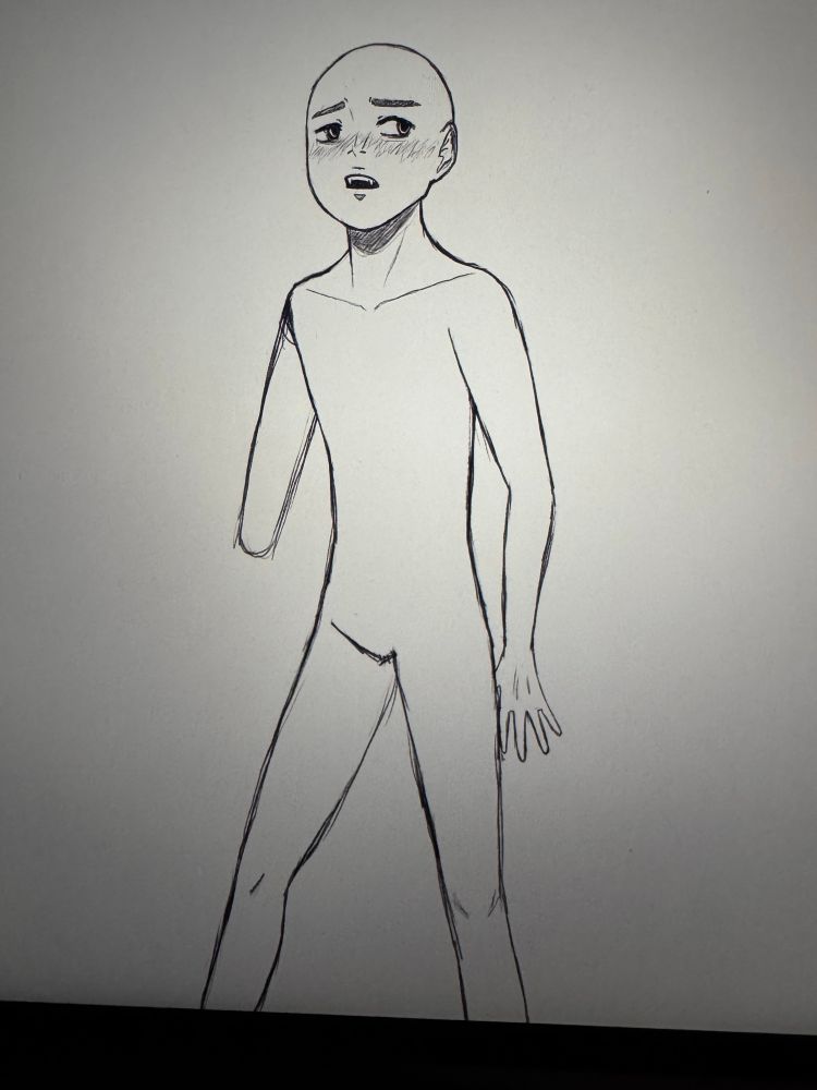 An unfinished digital sketch of a basic body. They are looking to the side, mouth open, blushing.