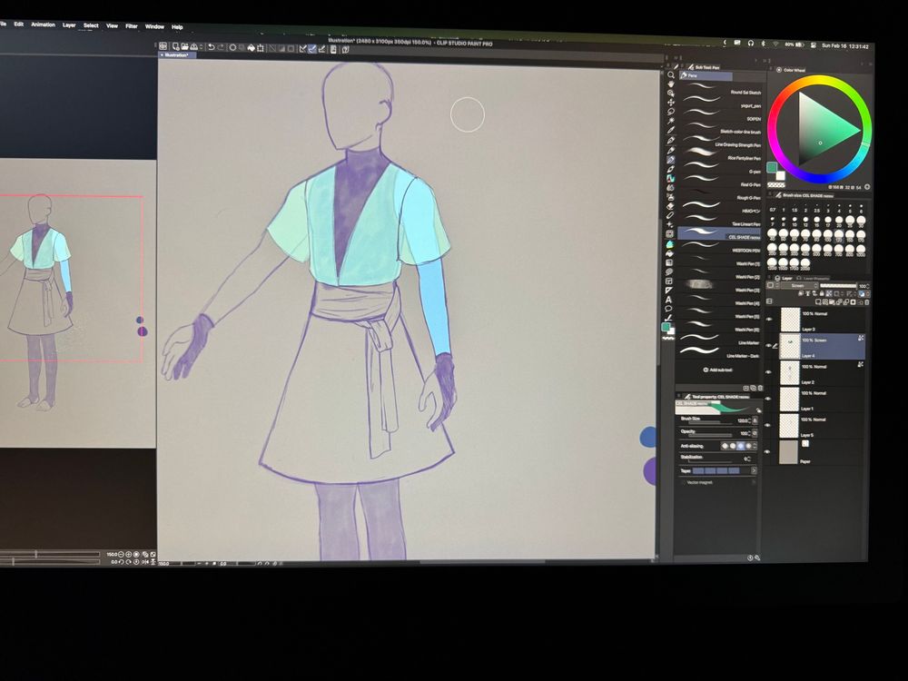 A cellphone picture of the Clip Studio Paint UI on a Mac. In the center is a faceless mannequin outlined in purple, wearing a translucent sea foam, short sleeved shirt over a solid, no sleeve turtleneck. There is a sash around the waist and a knee-length skirt. The legs are colored to denote leggings. The figure wears gloves - the viewer’s left hand is missing the thumb, pointer, and middle fingers of the glove, while viewer’s right is missing the thumb, pointer, and pinkie fingers of the glove. The far left of the UI shows the whole outfit zoomed out, where it’s just barely visible that the leggings are stirrup style, and the figure is otherwise barefoot. The right side of the UI is brushes, the color wheel, layer info, etc.