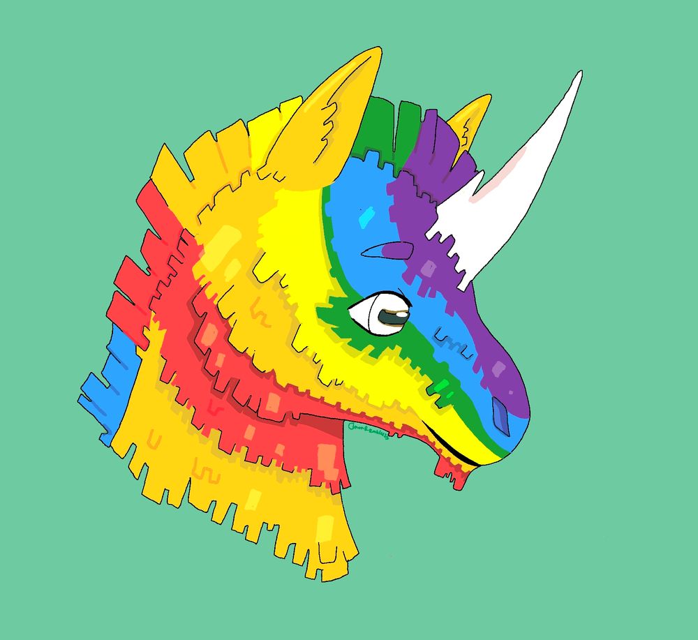 Headshot of a rainbow pinata unicorn with a white horn