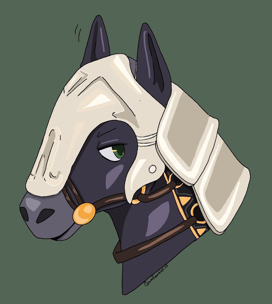Dark grey Horse wearing Knights Saddle Barding from the Zelda Games
