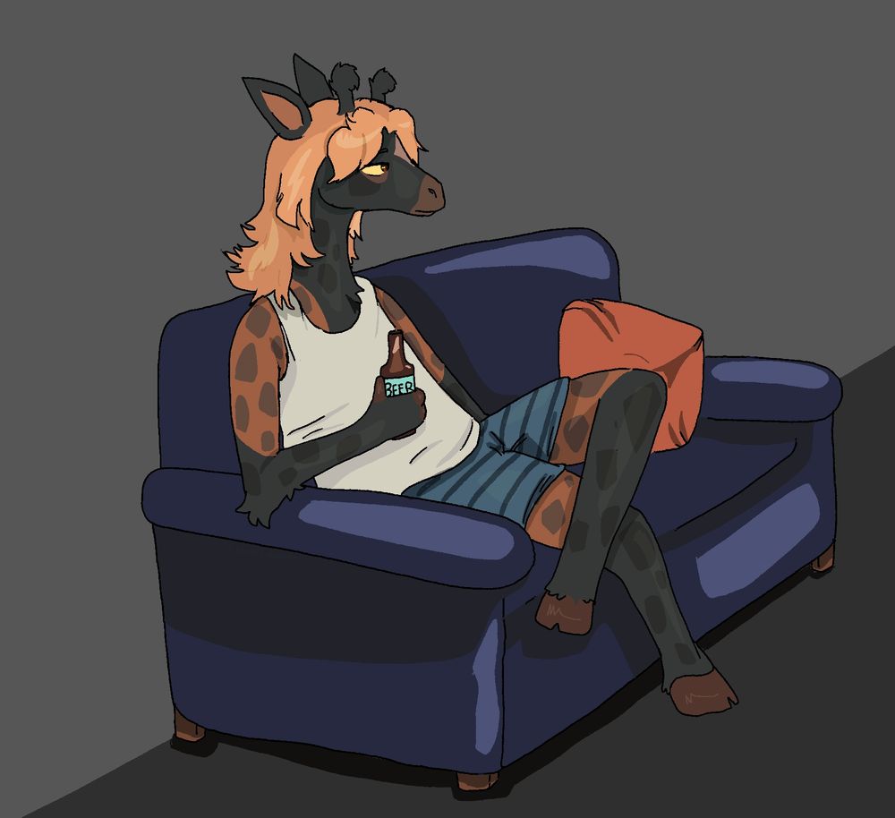 Giraffe furry sitting on couch and drinking a bottle of beer 