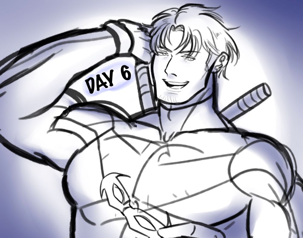 A sketch of Cody in a nightwing suit lightly shaded in indigo labelled Day 6