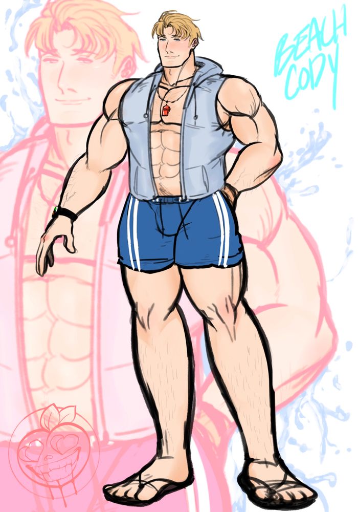 A colored sketch of Cody with blue beach shorts and a grey open sleeveless jacket, the canvas is framed with water splashes