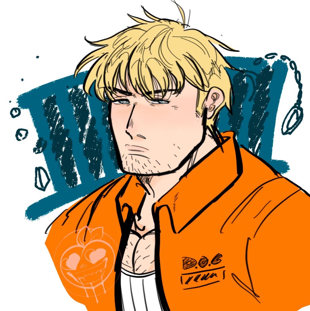 A bust shot colored sketch of Streetwise Cody scowling to the side, behind him is scribbles of a prison cell, rocks, cuffs and a logo overlayed on his orange jacket.