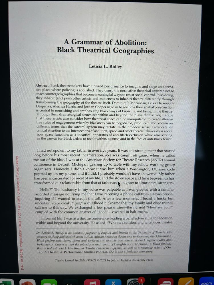 A screenshot of Leticia Ridley’s article “A Grammar of Abolition: Black Theatrical Geographies.”