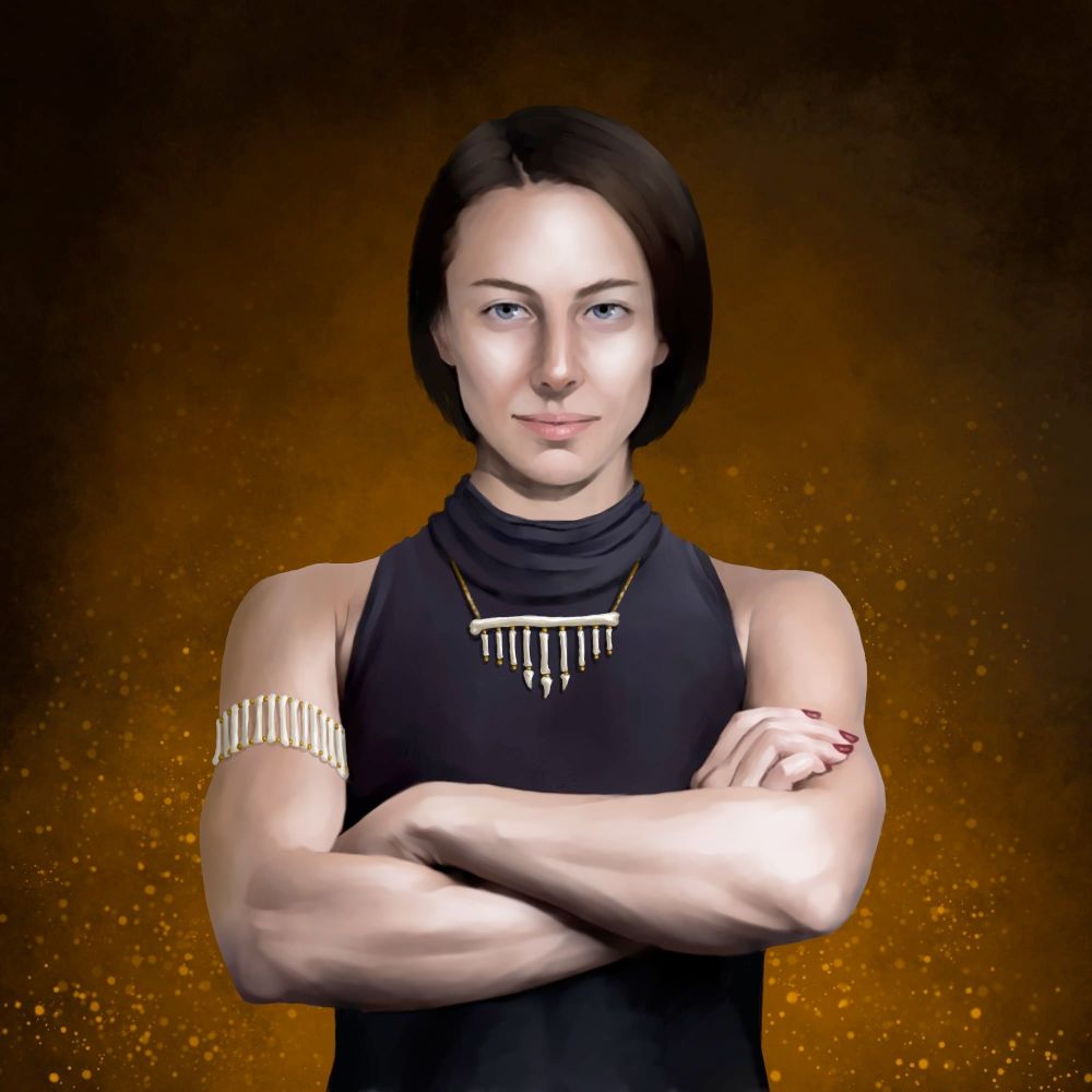 A portrait of Cousin Eliza of the Faction Paradox Military Wing, a muscular young woman wearing a sleeveless black top, with short black hair. Her arms are crossed, and she is smirking.