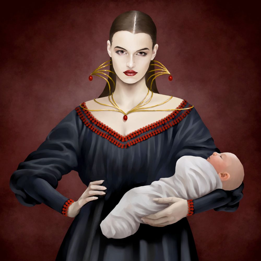 A portrait of Lilith, or Lolita, a pale, strikingly beautiful, aristocratic woman wearing golden jewelry and a velvety black dress. She is holding a swaddled baby, but her expression, staring straight ahead at the viewer, is one of ruthless ambition?