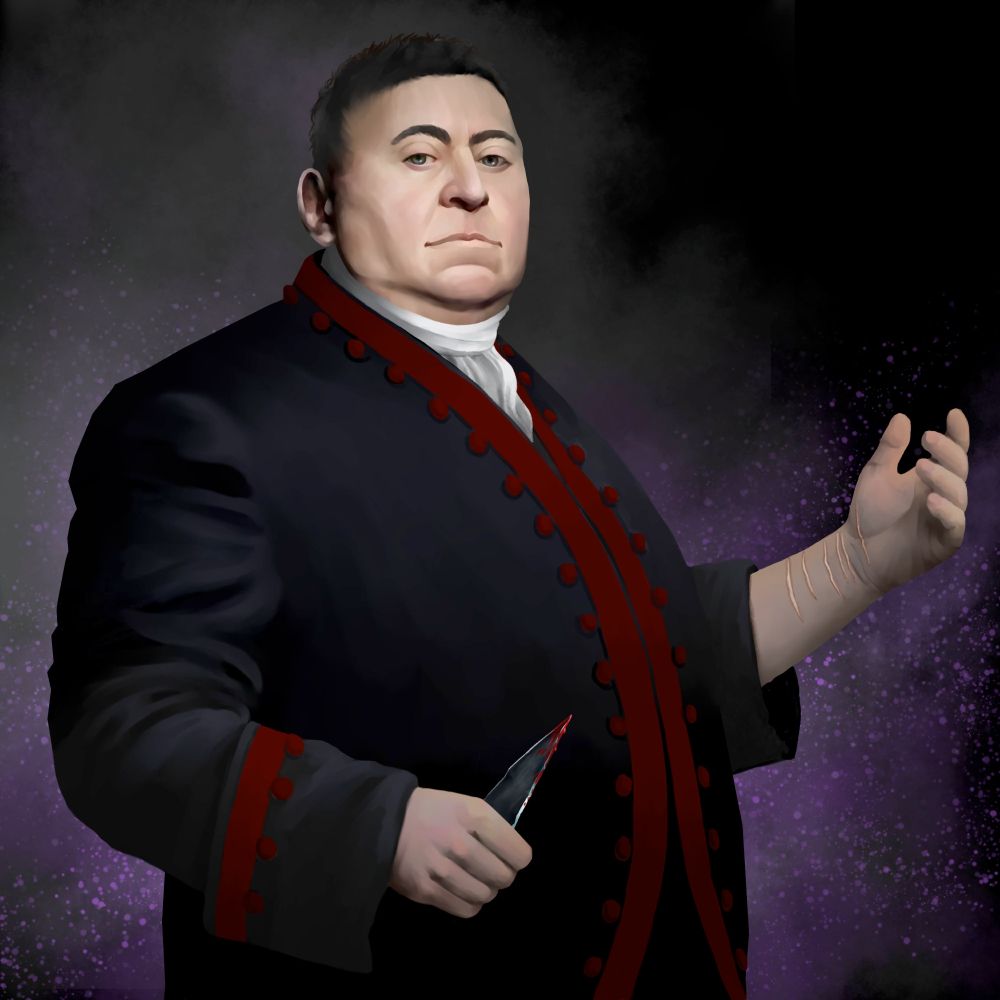 A portrait of Sabbath Dei, a tall, portly man with close-cropped black hair in black 18th century dress. He wears a neutral, superficial expression. In his right hand is a bloodied shard of jagged glass, and he is holding up his left forearm to display several long-healed scars.