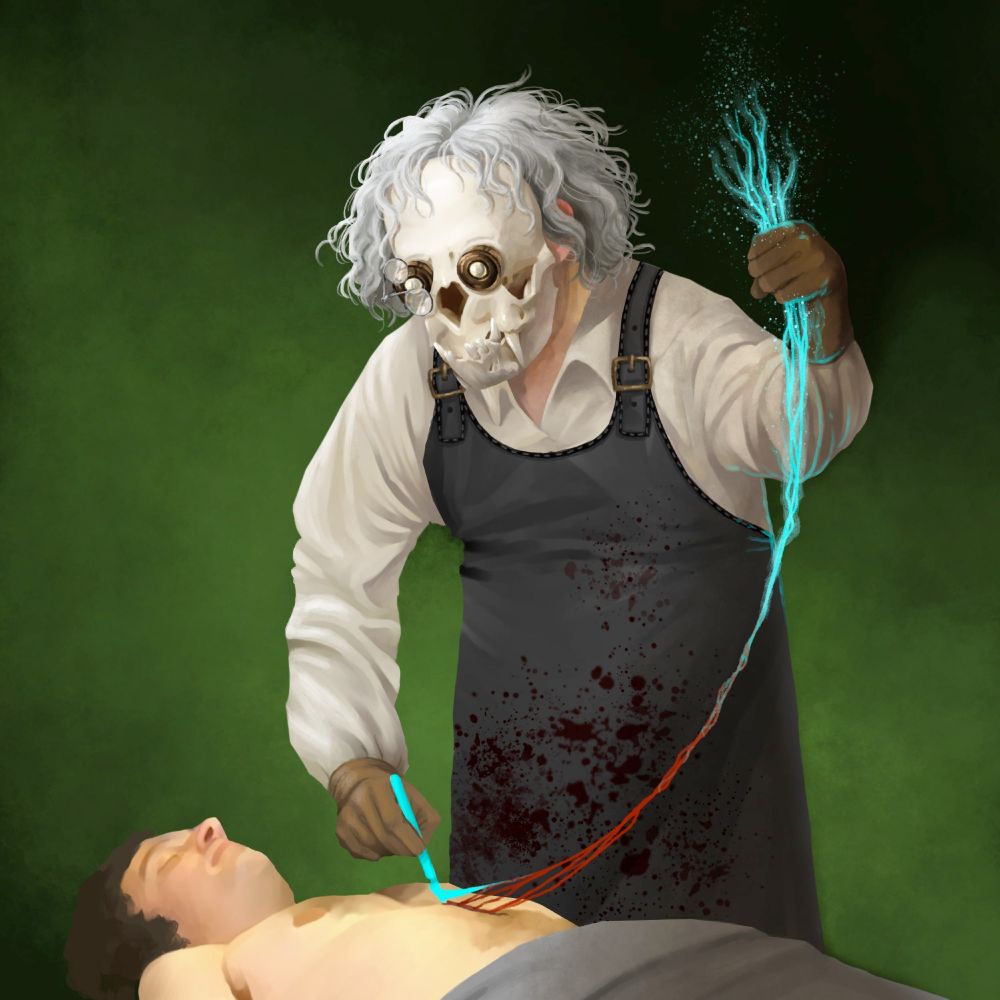 A painting of Godfather Morlock, head of the Faction Paradox Bio-Research Wing. He is a large, middle-aged man wearing a bloodstaned leather apron as he carries out a biodata autopsy. His skull mask is mounted with spectacles like a jeweler's, and his unkempt gray hair spills out from behind it. 