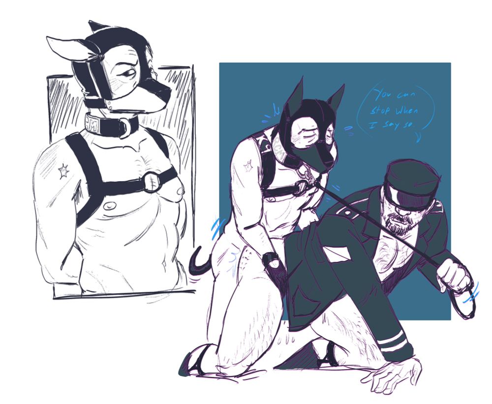 illustrations of kim kitsuragi in bondage including a pup hood, chest harness, and RCM branded collar. in the second picture kim is fucking jean while jean pulls on his leash and says “you can stop when i say so”