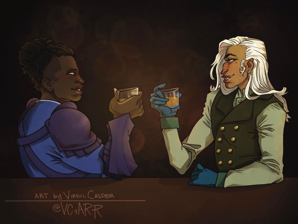 Illustration of two guy guys sharing a drink together totally no as a date /wink