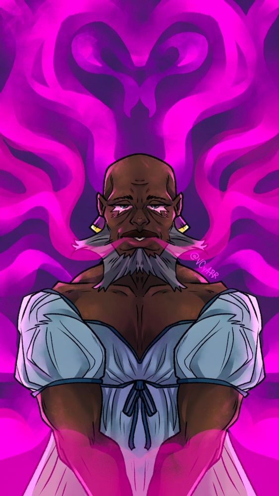 Symmetrical illustration of a older nonbinary person with a beard blowing pink smoke
