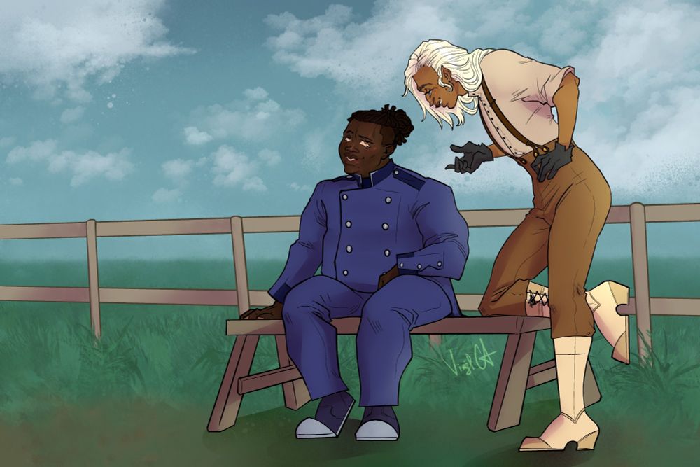 OC illustration of two characters in an open field with a fence behind them. Owik sitting on the bench in a guard uniform while Ceelyo leans on the bench. 