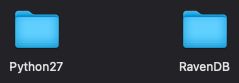 A screenshot of two folders on an old hard drive, one titled 'Python27' and the other titled 'RavenDB'