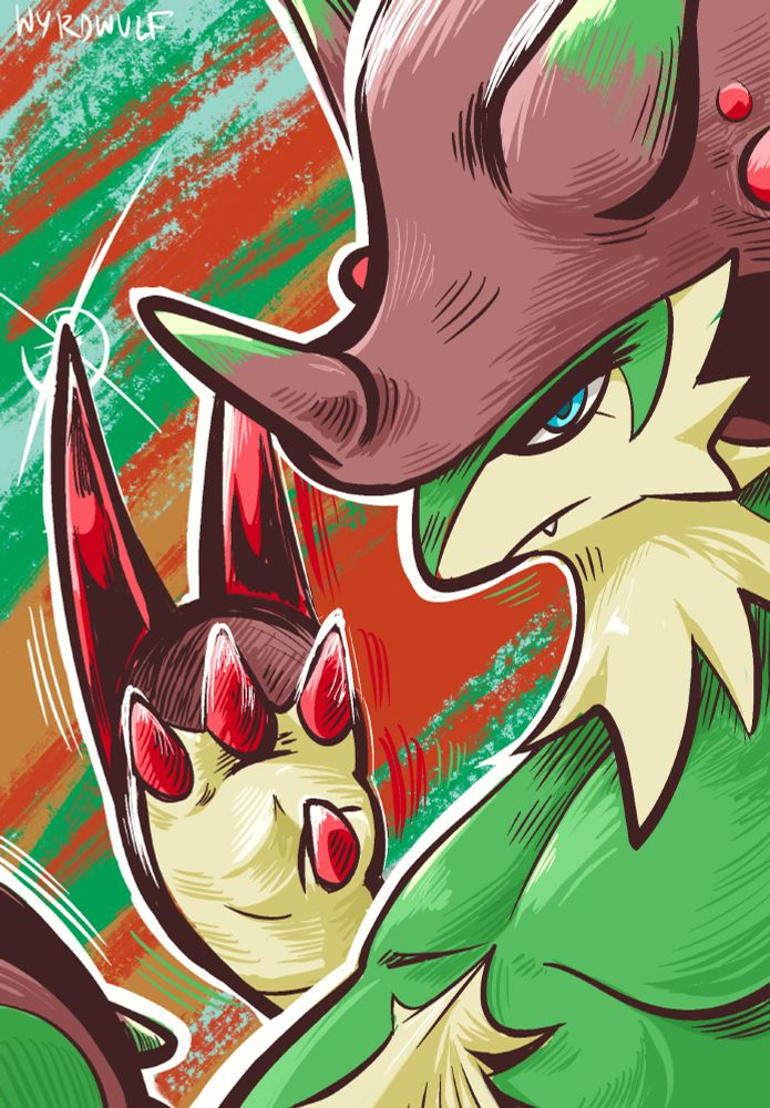 An illustration of a fake Pokémon hybrid of chesnaught and breloom.