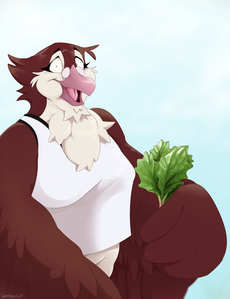 Art of a buff pigeon furry character. She is holding some turnips and is against a sky background as if the image is a photograph.