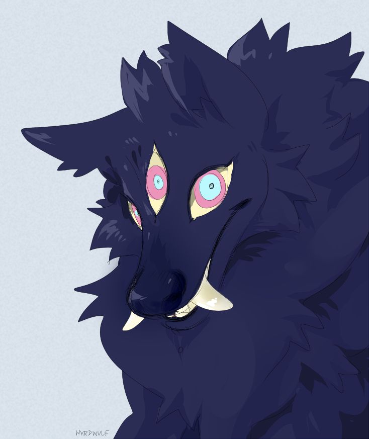 A sketchy drawing of a wolf anthro sona character with pronounced fangs and three colorful eyes.