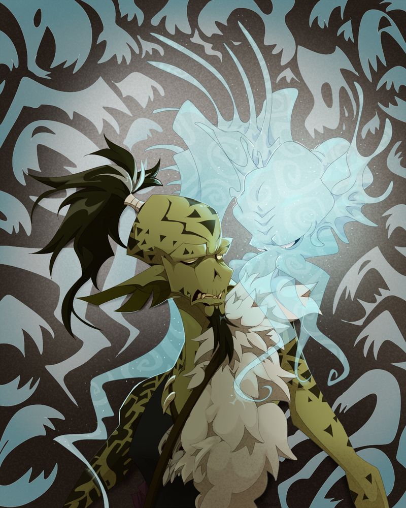 An illustration of a Githyanki DnD character and a ghost Illithid. They are glaring at each other. The background is full of ghostly figures.