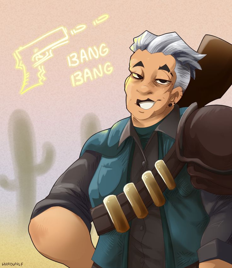 Art of a Lancer character. She is an older woman with the aesthetic of a cowboy in a sci fi setting.
