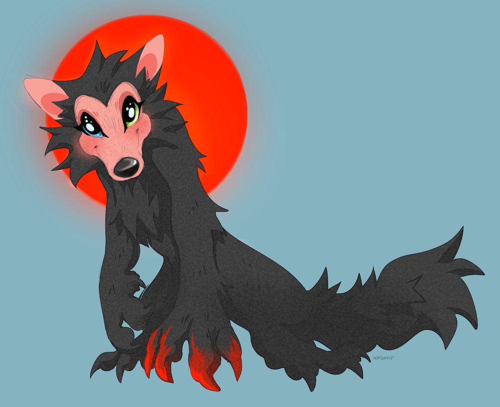 A colored sketch of a 90's Halloween-y type werewolf character.