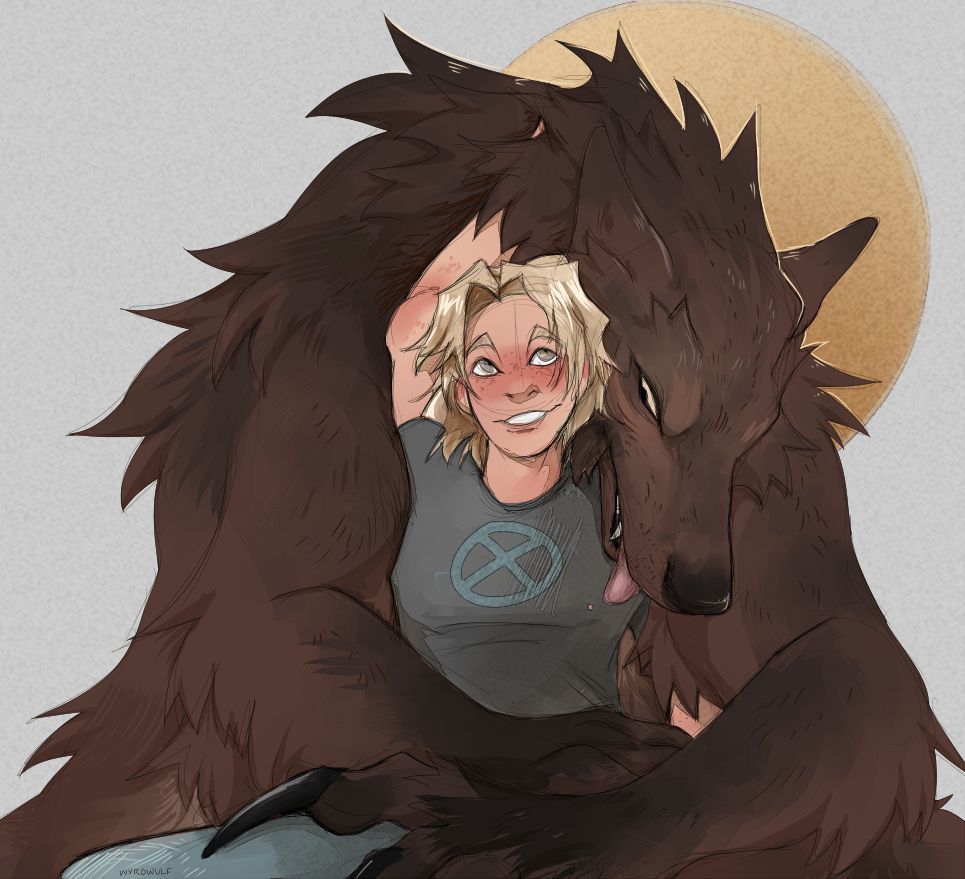 A sketch of a human male character being embraced by a werewolf character.