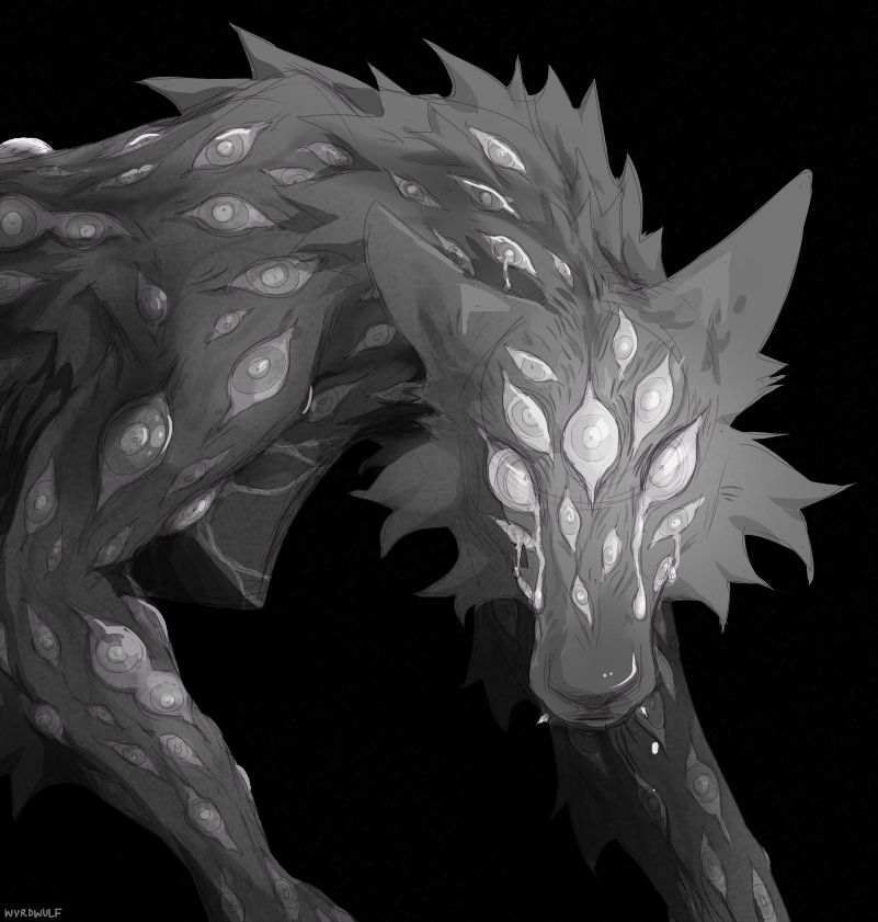 A rough speedpaint of a werewolf like creature. It has many eyes along its body, and is crying from a few of them.