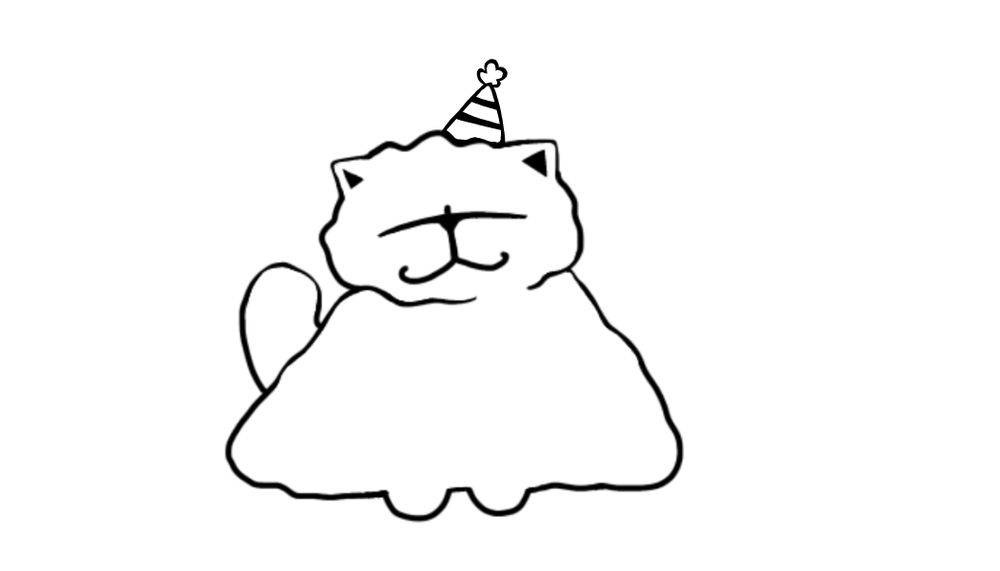 a simple line drawing of a persian cat wearing a striped party hat. 