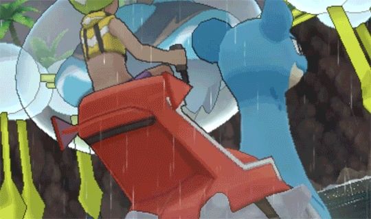 A gif from Pokémon Ultra Sun and Moon. A player character is sitting on a Lapras in a lake while it rains. The camera pans upwards to show a giant Araquanid towering over them, which then shouts "Wahhhhtahhh!" as it lunges forward