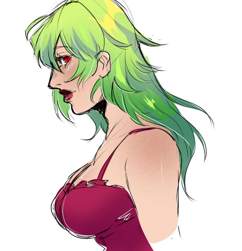 a digital art sketch of a girl facing left. She has light green air, and a visible bright red eye that looks at the camera.