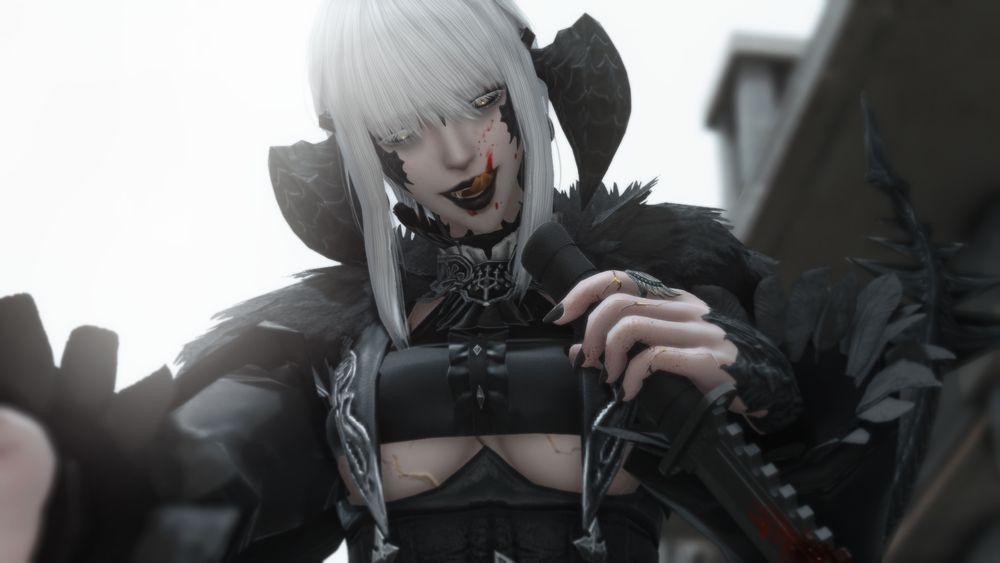 A gposed screenshot of my Aura WoL Naru looking down at the camera, holding a bloody knife. She has an opened mouth smile, and licks blood off of her lip. Her body and free hand are posed as though she were pinning you down.