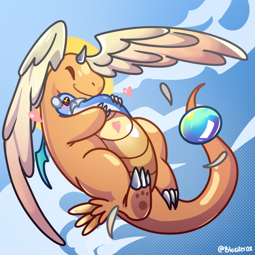 A digital illustration of a Mega-evolved Dragonite carrying a Dratini in its arms through the sky. The Dragonite is smiling, and the Dratini looks upward with a sparkle in its eyes. 