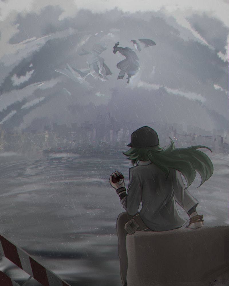 A digitally painted picture of N Harmonia from Pokemon Black and White sitting on a concrete road block facing away from the viewer. He holds a pokeball up and gazes out at a lake just before a cityscape. Above the cityscape, clouds curl around Reshiram and Zekrom who are posed in a cyclical fashion, each following the other's tail.